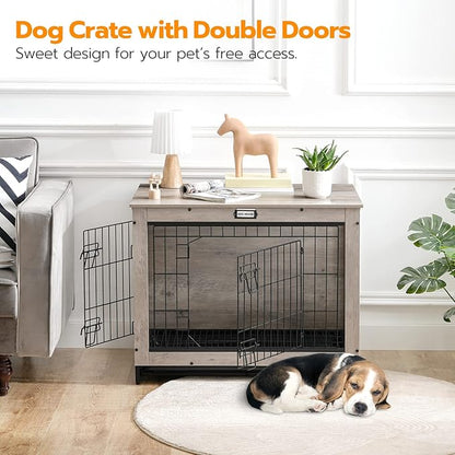 HOOBRO Dog Crate Furniture, 32.5" Medium Dog Kennel Indoor, Wooden Cage with Pull-Out Tray, Double Doors Pet House Side End Table for Medium/Small Dogs, Greige BG802GW03