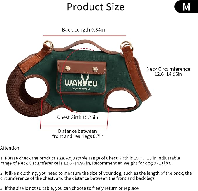 Dog Lift Harness Dog Carrier Dog VES Harness Adjustable Dog Leash with Small Puppy Treat Bag（Green,M）