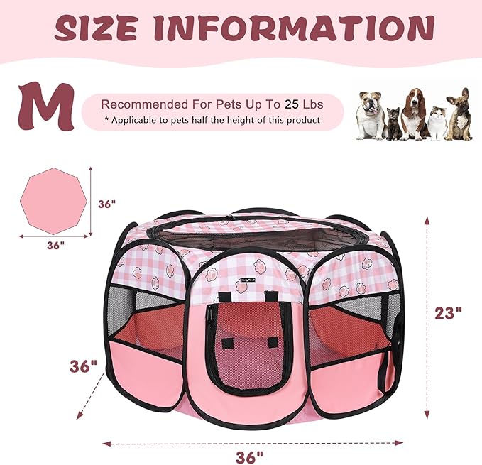 Lucky Monet Foldable Dog Playpen Cat Puppy Playpen Indoor Pop Up Pet Animal Playpen Outdoor Kennel Cage Pen Tent for Small Medium Dog Puppy Cat Kitten Rabbit - Medium, Pink