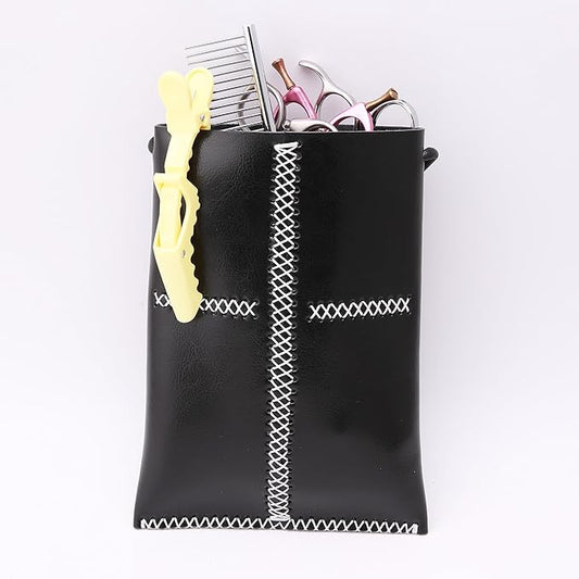 Dog Grooming Scissors Storage Bag: Hand-stitched, Show-quality Head Layer Calf Leather, Holds 5 Pairs of Dog Grooming Scissors Black
