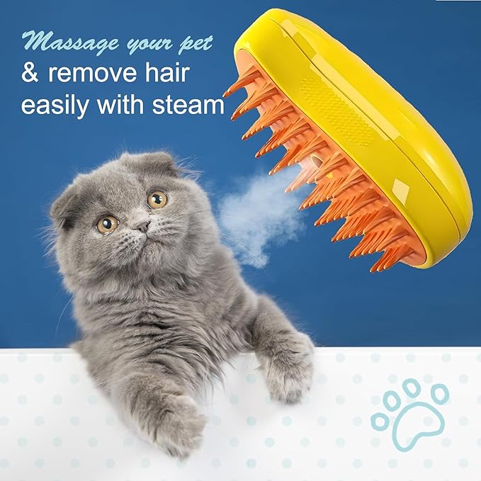 3 In 1 Silicone Pet Brush with Steaming Function - Self-Cleaning Cat Grooming Tool for Massage and Detangling (Yellow by Cat Steamy Brush)
