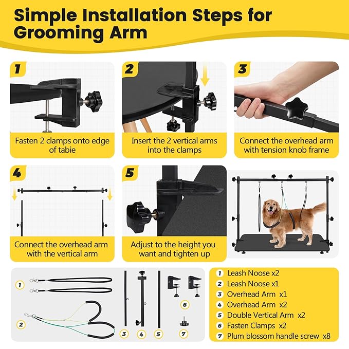 Dog Grooming Table Arm - Adjustable 35" Height, 32"-47" Width, Dog Grooming Arm with Clamp and No-Sit Haunch Holders - Perfect for Medium & Large Pets (Grooming Table Not Included)