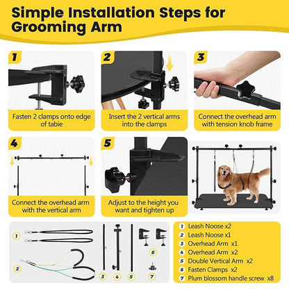 Dog Grooming Table Arm - Adjustable 35" Height, 32"-47" Width, Dog Grooming Arm with Clamp and No-Sit Haunch Holders - Perfect for Medium & Large Pets (Grooming Table Not Included)