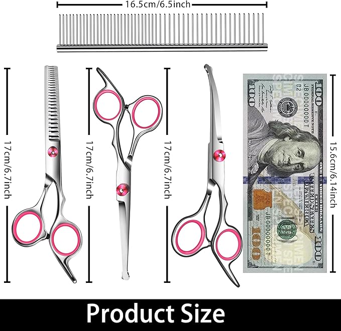 Dog Grooming Scissors with Safety Round Tip Pet Grooming scissors Kit Dog Shears kit Incudes Thinning Curved Straight Grooming Scissors Nail Clippers Nail File and Comb for dogs cats