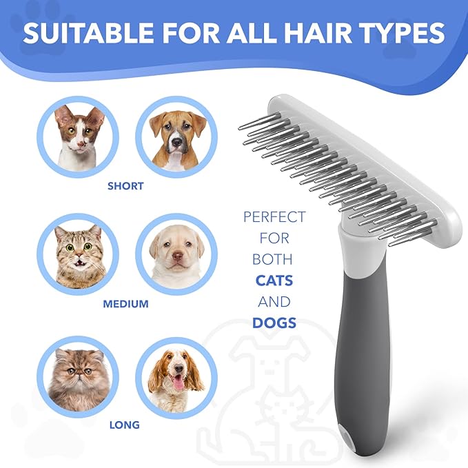 Dog rake deshedding dematting Brush Comb - Undercoat rake for Dogs, Cats, matted, Short,Long Hair Coats - Brush for Shedding, Double Row Stainless Steel pins - Reduce Shedding by 90% (White)