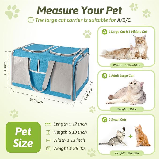 Sedioso Large Cat Carrier for 2 Cats, 21.7x 13.8x 13.8in Pet Carrier for Cat and Dog Up to 38lbs, All-Sided Mesh Cat Carrier with Great Ventilation, Portable Soft Sided Pet Carrier for Traveling(Blue)