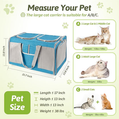 Sedioso Large Cat Carrier for 2 Cats, 21.7x 13.8x 13.8in Pet Carrier for Cat and Dog Up to 38lbs, All-Sided Mesh Cat Carrier with Great Ventilation, Portable Soft Sided Pet Carrier for Traveling(Blue)