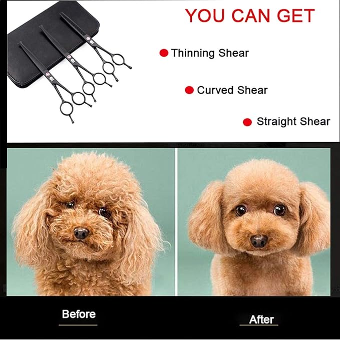 Dream Reach 7.0 Inches Professional Pet Cat Dog Grooming Shears Scissors, Straight, Curved, Thinning/Blending/Chunking Scissors Kit (3-Set Blunt Tip)