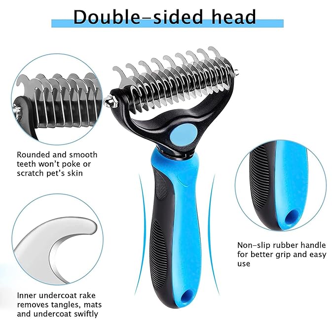 Dog & Cat Grooming Brush Combo - Double Sided Shedding and Dematting Undercoat Rake Comb for All Hair Types, Extra Wide, Blue, 2 Count