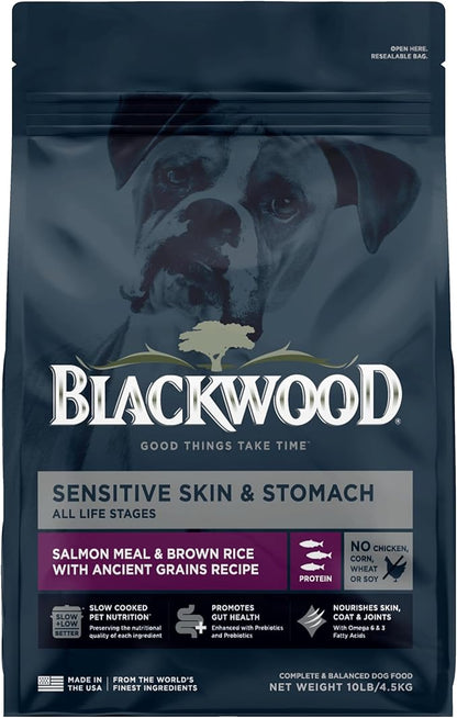 Blackwood Sensitive Skin & Stomach Dry Dog Food, Salmon Meal & Brown Rice with Ancient Grains, 10 Pound Bag with Prebiotics & Probiotics to Promote Gut Health