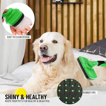 Self Cleaning Slicker Brush for Cat and Dog Coat - Detangler Dog Brush for Shedding & Grooming - Super Easy to Clean Deshedding Grooming Tool Removes Loose Pet Hair, Mats and Tangles (Green)