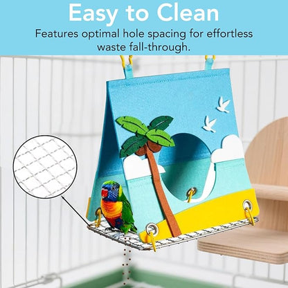 Felt Bird Bed for Cage with 304 Stainless Steel Grid - Large Size (9.4"x6.3"x8.3") - Hanging Hammock Swing Bird Tents for Parakeets, Budgies, Conures -Azure