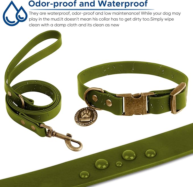 Wisedog Dog Collar and Leash Set, Waterproof Adjustable Puppy Collars with Cute Tag 6FT Dog Leash with Poop Bag for Small Medium Large Dogs (XL(Collar:16"- 25.5";Leash:6 ft), Green)