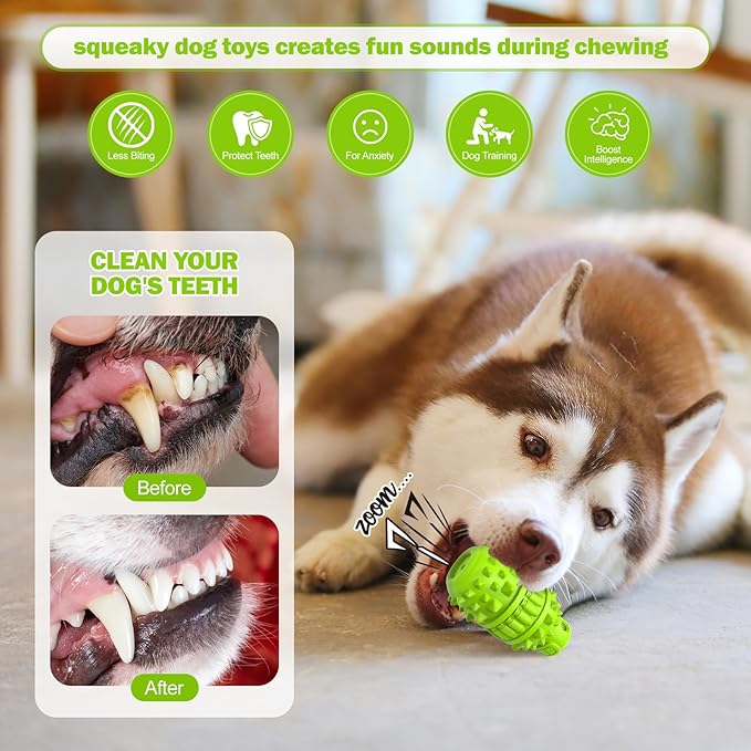 PIFFZEDO Dog Toys for Aggressive Chewers Tough Dog Squeaky Toys for Small Medium Breed Interactive Durable Natural Rubber Dog Chew Toys Dog Birthday Toy Dog Toothbrush(Green,Small)