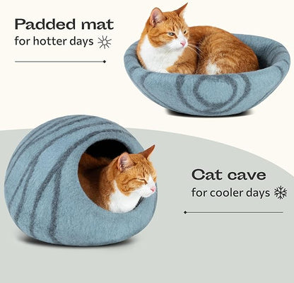 MEOWFIA Cat Cave – Premium Felt Cat Bed for Indoor Cats, Handmade 100% Merino Wool (Aquamarine, Medium)