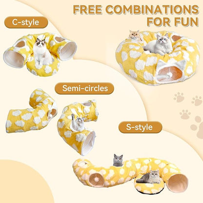Donut Cat Tunnel Bed for Indoor Cats - 2-in-1 Kitty Playhouse with Cozy Hideout, Durable Pet Caves for Multiple Kittens, Washable Cushion and Collapsible Design