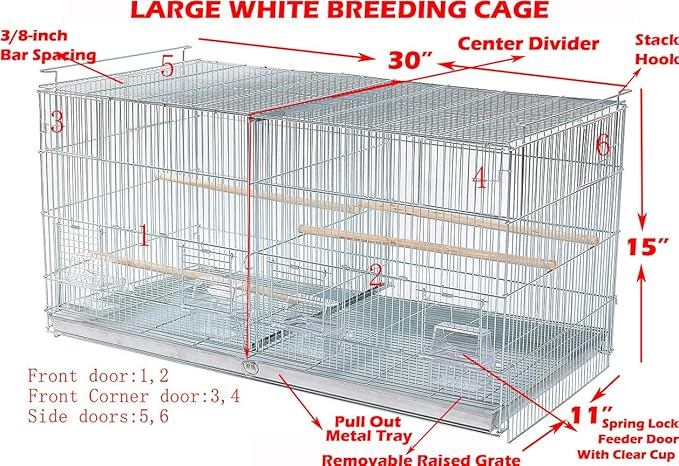 Large White Stackable Breeder Bird Flight Cage Side Breeding Nest Box Door with Center Removable Divider (White, 30"x11"x15"H Lot-4)