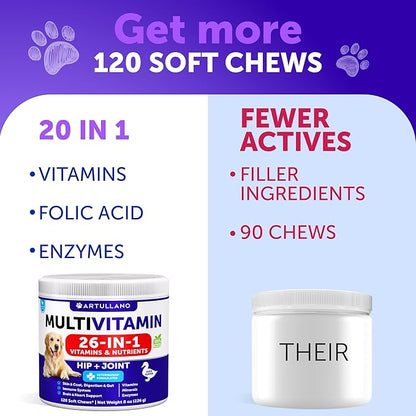 Dog Multivitamin Chewable with Glucosamine 26 in 1 - Dog Vitamins and Supplements - Senior & Puppy Multivitamin for Dogs - Pet Joint Support Health - Immunity, Mobility, Gut Skin - 120 Chews