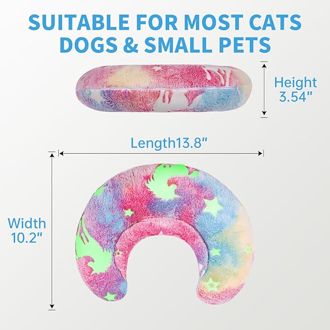 Glow-in-the-Dark U-Shaped Calming Pet Pillow for Dogs & Cats, Machine Washable Ultra-Soft Fleece Cover Comforting Neck Support Pillow for Elderly, Weak, Disabled Pets, Luminous for Nighttime (Rainbow)
