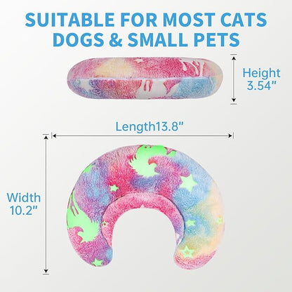 Glow-in-the-Dark U-Shaped Calming Pet Pillow for Dogs & Cats, Machine Washable Ultra-Soft Fleece Cover Comforting Neck Support Pillow for Elderly, Weak, Disabled Pets, Luminous for Nighttime (Rainbow)