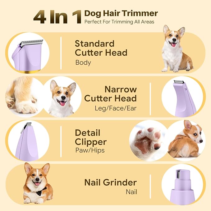 Small Dog Grooming Kit, 4 in 1 Electric Dog Trimmer for Grooming, Low Noise Dogs Nail Trimmer, Cordless Pet Clippers for Pets, Paws, Eyes, Ears, Face, Hip Hairl (Purple)