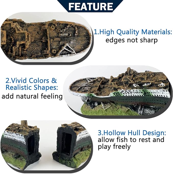 Titanic Shipwreck Aquarium Decorations Ship Wreckage Aquarium Ornament for Fish Tank Sunken Ship Ornament Aquarium Environment Friendly Decorations – Medium （White）