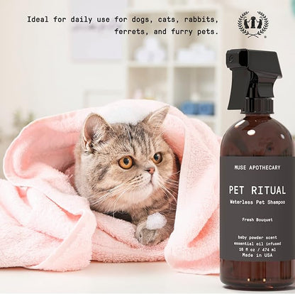 Muse Apothecary Pet Ritual Aromatic Waterless Dog Shampoo - No Rinse Dry Shampoo for Dogs & Cats - Essential Oils Infused, 16oz Fresh Bouquet