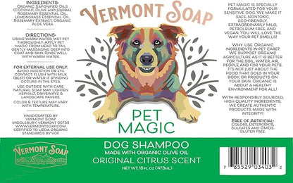 Vermont SOAP Organics Pet Shampoo - Infused with Organic & Natural Olive Oil, Coconut & Aloe Vera Dog Shampoo for Sensitive Skin - USDA Certified Grooming Pet Shampoo - Original Citrus (16oz)