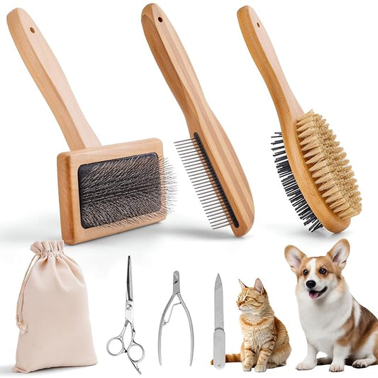 Dog Grooming Brush Kit,Deshedding Dog Brush for Shedding Short Hair Dogs with Pet Nail Clipper and File, Two Sided Pet Brushes for Dogs Removing Dirt & Loose Hair(7PCS) BLACK