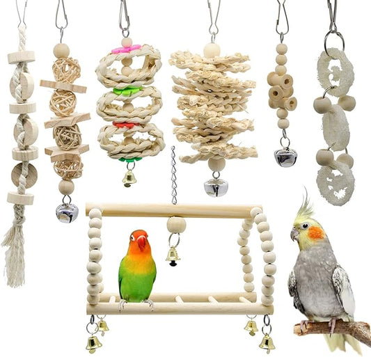 Deloky 7 Packs Bird Parrot Swing Chewing Toys-Hanging Bell Bird Cage Toys Suitable for Small Parakeets, Cockatiels, Conures, Finches,Budgie,Macaws, Parrots, Love Birds