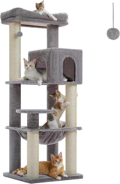 PETEPELA Cat Tree for Large Cats up to 30 lbs, 58" Heavy Duty Cat Tower with Reinforced Scratching Posts[ φ3.9”], Large Hammock, Spacious Condo & Top Perch, Sturdy Cat Furniture for Maine Coons, Grey