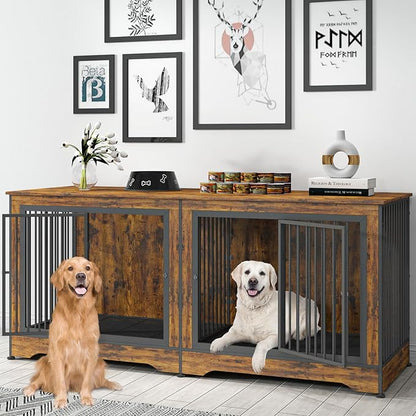 75 Inch Dog Crate Furniture, 3-in-1 Large Double Dog Crate with Trays and Divider, Doubled Dog Kennel Furniture Indoor, Dog Crate TV Stand for 2 Dogs (Brown)