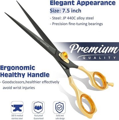 Dog Grooming Scissor- 7.5 Pet Shears, Japanese Stainless Steel Ergonomic Pet Grooming Scissor, Heavy Duty Sharp and Comfortable pet Scissors for Grooming, Dogs, Cats and Other Animals (Straight)