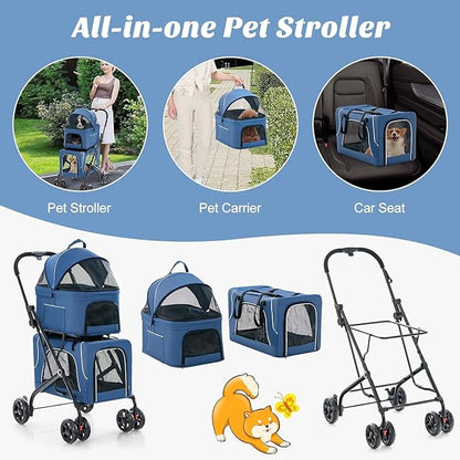 Double Dog Stroller, Foldable 3-in-1 Cat Stroller with 2 Detachable Carriers, Safety Belt, Washable Cover, Removable Pads, 4 Wheels Travel Pet Stroller for Small Medium Dogs (Blue)