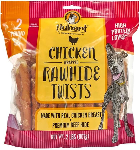 Hubert Pet Premium Chicken Wrapped Rawhide Twists - Natural Dog Treats in Resealable Bag, Ideal for Small & Large Dogs - 2 lbs Value Pack