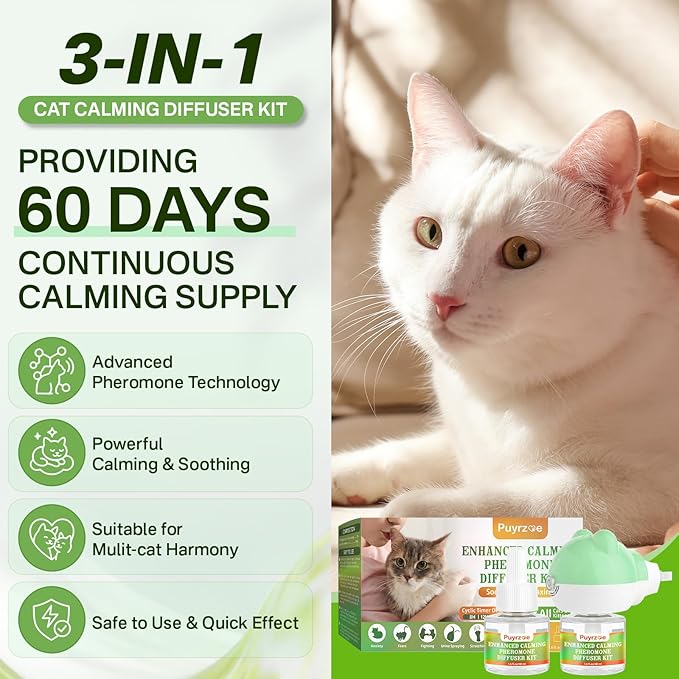 Cat Calming Diffuser with Timing Function, 3-in-1 Cat Pheromones Calming Diffuser Kit, 60-Day Anxiety Relief, Stress Relaxation Cat Pheromone Diffuser for All Cats (1 Diffuser + 2 Refills)