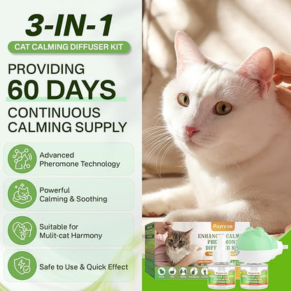 Cat Calming Diffuser with Timing Function, 3-in-1 Cat Pheromones Calming Diffuser Kit, 60-Day Anxiety Relief, Stress Relaxation Cat Pheromone Diffuser for All Cats (1 Diffuser + 2 Refills)