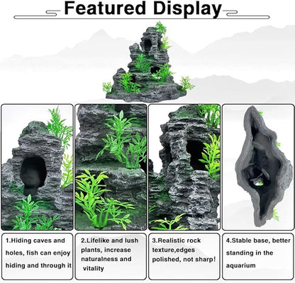 Aquarium Decoration Large and Tall Fish Tank Decor Aquarium Rock Mountain View Aquarium Ornament Tree House Cave for Large Tank - 10.2 Inches High