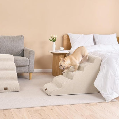 EHEYCIGA Curved Dog Stairs Ramp for High Beds 22.6" H, 5-Step Dog Steps for Small Dogs and Cats, Pet Stairs for High Bed Climbing, Non-Slip Balanced Pet Step Indoor, Beige