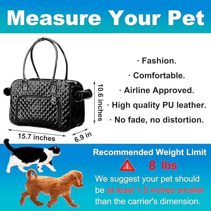 Fashion Dog Purse Carrier for Small Dogs with 2 Extra Pockets, Holds Up to 8lbs Quality PU Leather Pet Carrier, Cat Carrier, Airline Approved Puppy Purse Carrier for Travel (Black, Small Size)