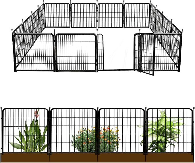 24 in(H) Decorative Garden Fence with Gate,16 Panels Total 31.4 Ft(L) Heavy Duty Iron Animal Barrier Fence for Yard,Suitable for Indoor Pet Or Outdoor Dog Fencing, Garden Border Fence