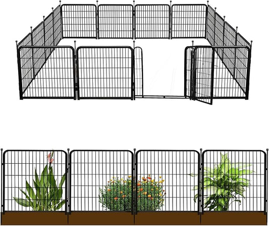 24 in(H) Decorative Garden Fence with Gate,16 Panels Total 31.4 Ft(L) Heavy Duty Iron Animal Barrier Fence for Yard,Suitable for Indoor Pet Or Outdoor Dog Fencing, Garden Border Fence