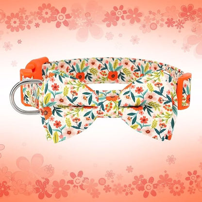 Didog Floral Dog Collar with Bow, Cute Girl Dog Collars with Detachable Bowtie, Soft & Comfy Spring Summer Dog Collar for Small Medium Large Dogs Gift Holiday, Orange, L