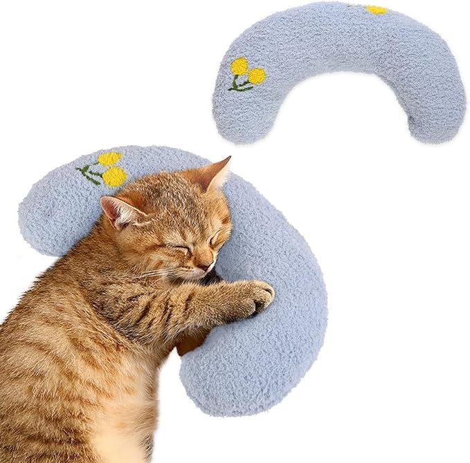T'CHAQUE Dog Pillow Bed, Cat Calming Pillow, Dog Neck Pillow for Joint Relief Sleeping, Ultra Soft Half Donut Cuddler, Pillow Pet for Upper Spine Support, Doggy/Kitten Pillow Training Toy, BlueFlower