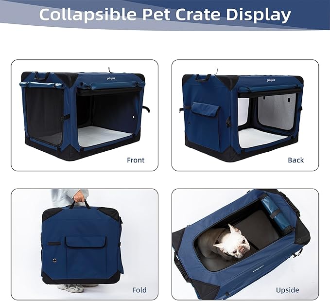Pettycare 26 Inch Collapsible Dog Crate with Curtains Travel Dog Crate for Airflow and Calm Soft Pet Kennel with Portable Bag and More Chew Proof Mesh Indoor & Outdoor Navy Blue 4 Door Curtains