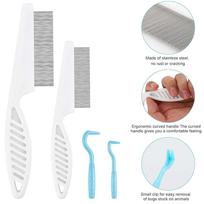 2pcs Pet Combs & 2pcs Tick Removal Tool, Fine-Tooth Flea Comb Tear Stain Removal Multifunctional Magic Pet Hair Cleaning Grooming Tools with Stainless Steel Teeth for Cats and Dogs