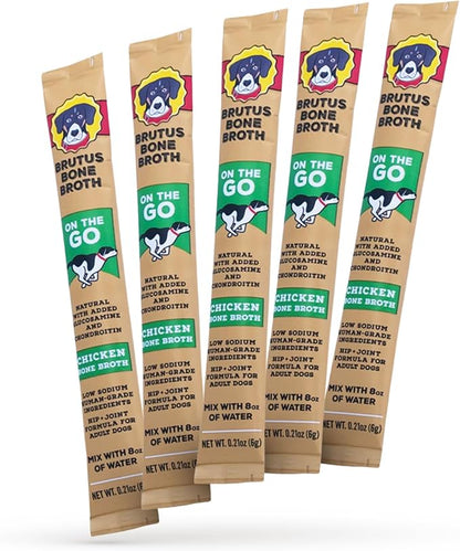 Brutus Bone Broth for Dogs - Bone Broth Powder with Chondroitin Glucosamine & Turmeric - Human Grade Dog Food Toppers for Dry Food & Picky Eaters - 5 Stick (Chicken)