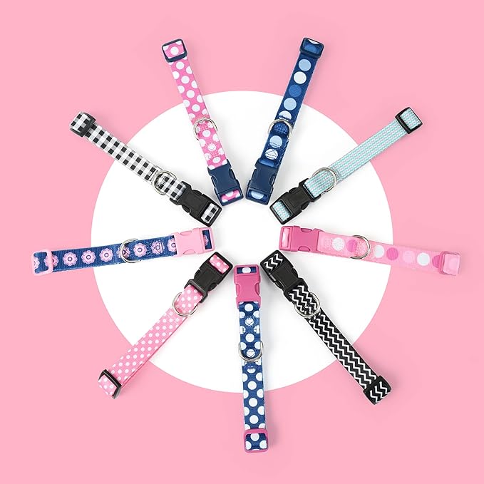 Mile High Life Dog Collar | Cute Puppy Collars | Lightweight Girl Dog Collar | Soft Boy Dog Collars | w Geometric Plaid Wave Line Pattern (Pink Flower, Medium)
