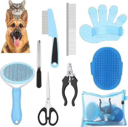 Yaomiao Pet Grooming Brush Kit, Includes 9 Pcs Self Cleaning Slicker, Dog Brush Shedding and Flea Comb, Nail Clippers and File, with Adjustable Strap Scissors, Bright Color