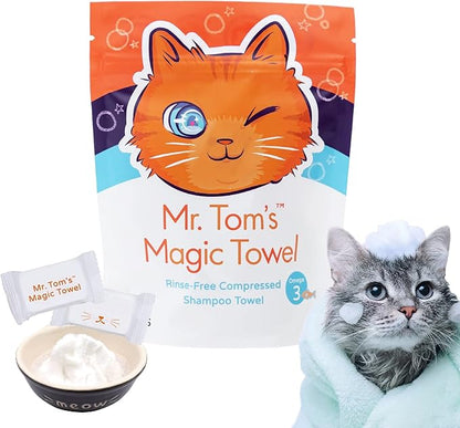 Mr. Tom's Magic Towel - Pet Wipes for Cats - Rinse-Free Compressed Shampoo Towel for Cats and Dogs - Non-Toxic, Re-usable, pH-Balanced, Omega 3 Fish Oil Cat Shampoo - 10 Towel Pieces
